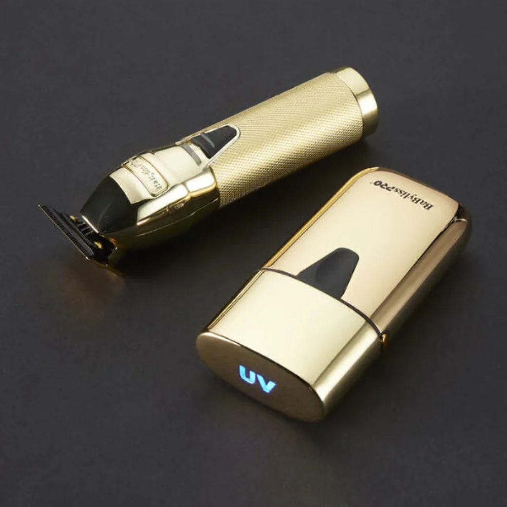 BABYLISS PRO LIMITED EDITION GOLD FX TRIMMER & UV SINGLE-FOIL SHAVER SET (FXLFHOLPKG)