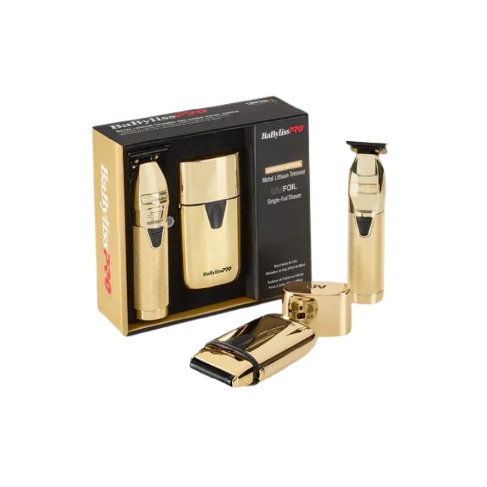 BABYLISS PRO LIMITED EDITION GOLD FX TRIMMER & UV SINGLE-FOIL SHAVER SET (FXLFHOLPKG)